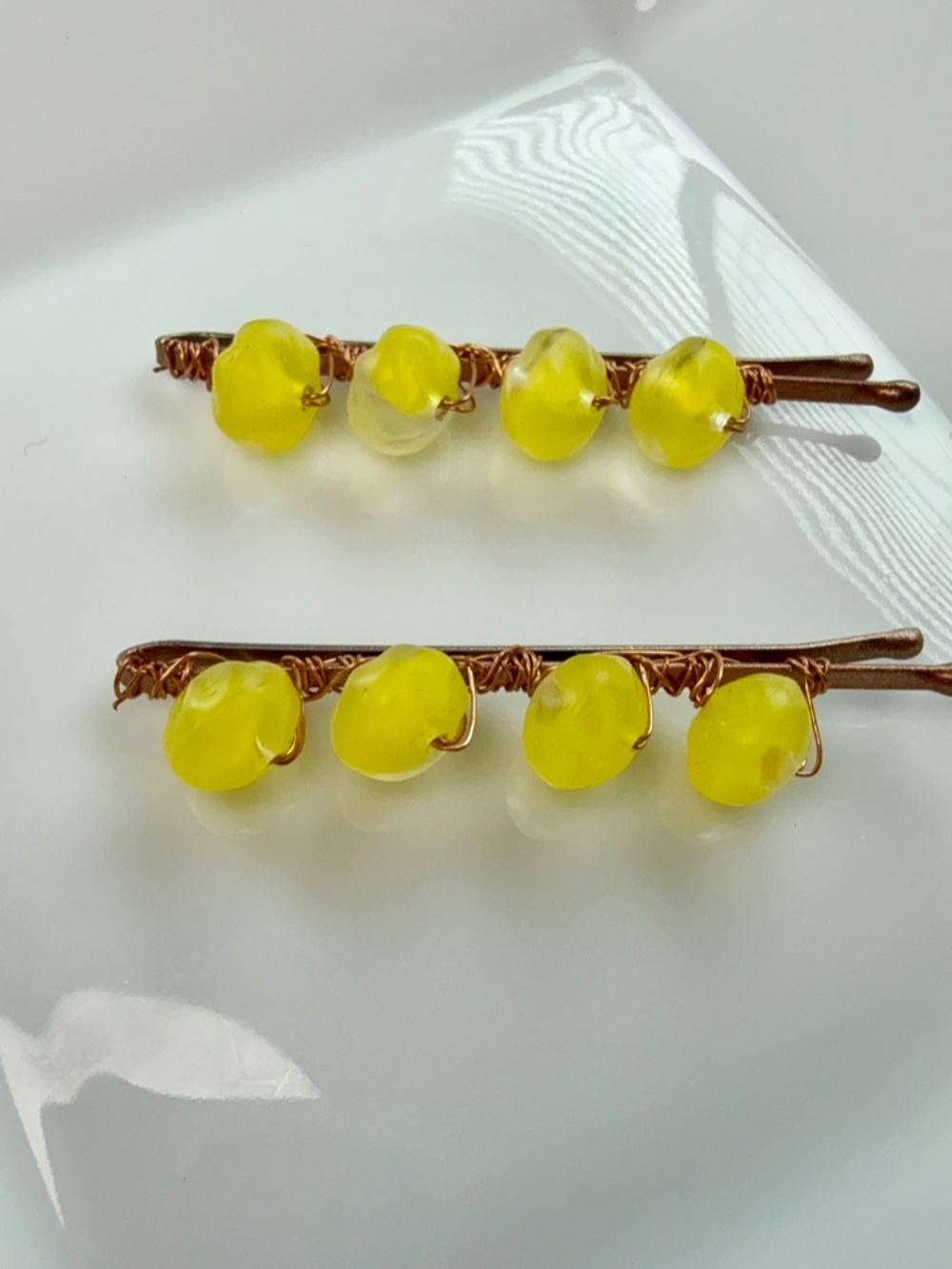 Hand Crafted Lemon Yellow Beaded Bobby Pins